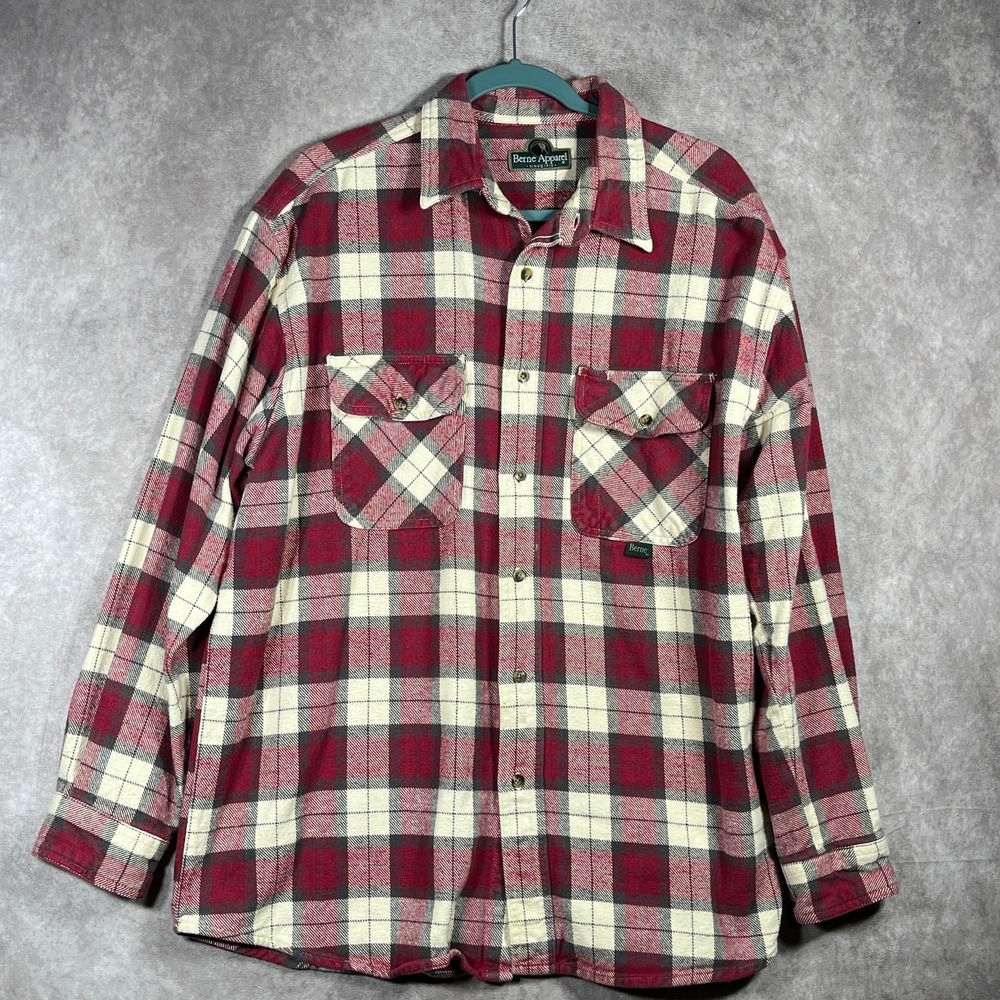 Vintage Berne Apparel Shacket Men XL White Red Plaid Flannel Button Shirt Jacket